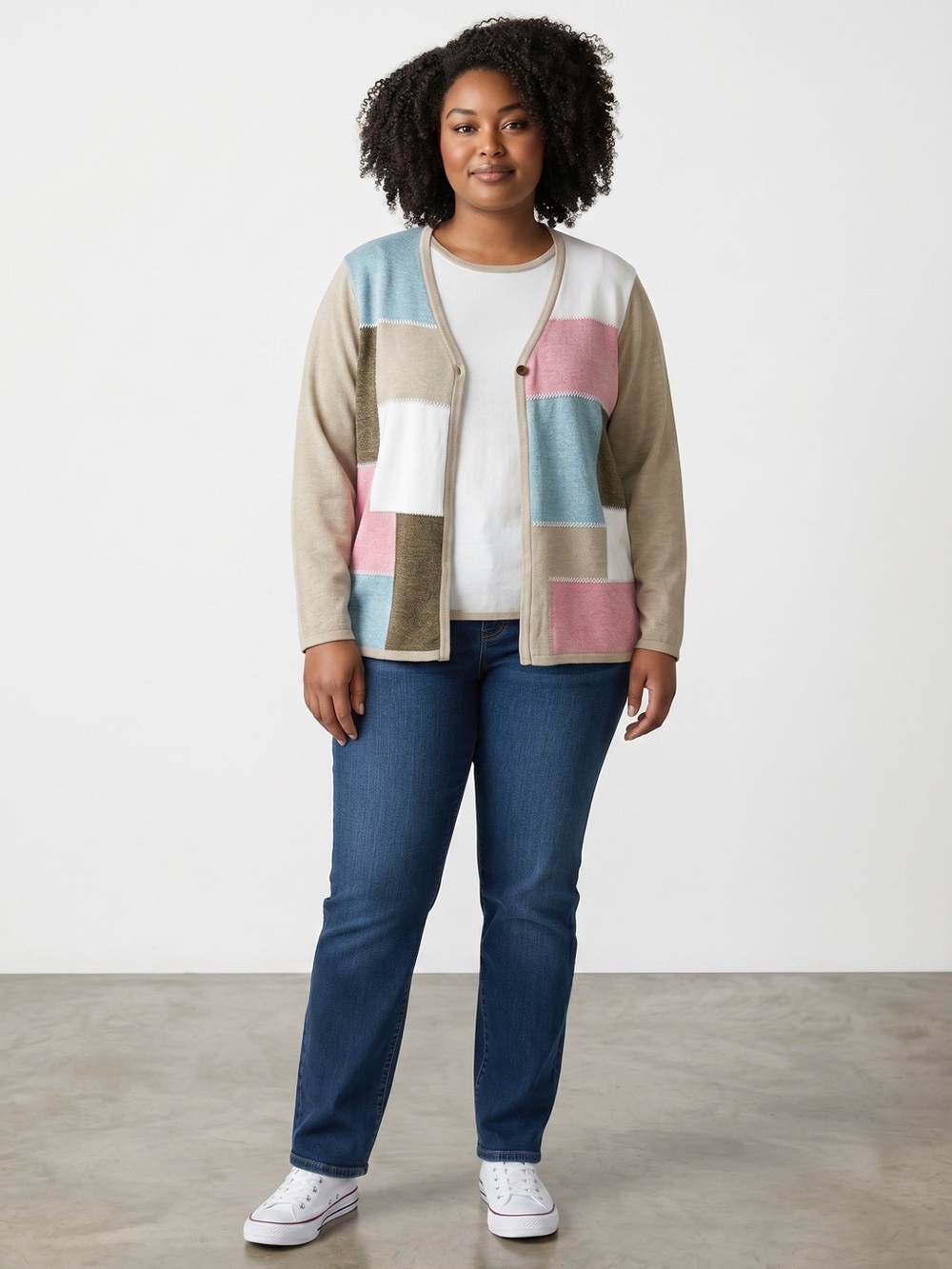 NWT New Alfred Dunner Pastel Patchwork Cardigan With Attached Top Size 1X